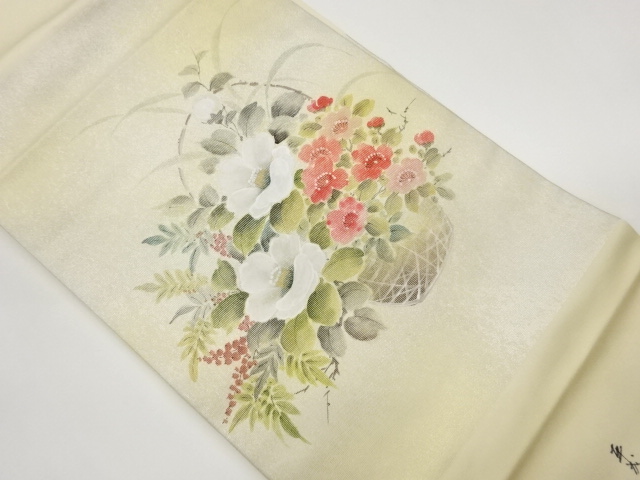 作家物　金彩手描き花籠模様名古屋帯